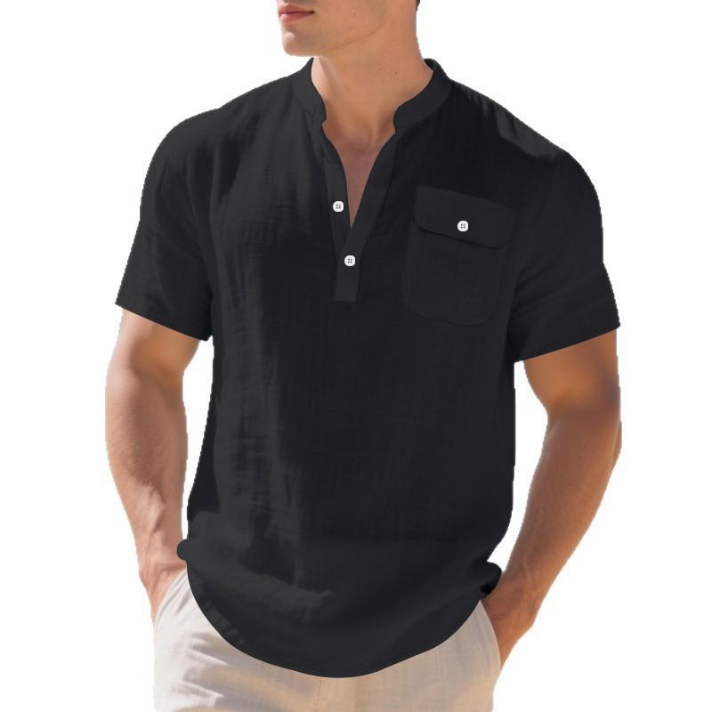 Linen Men's T-Shirt Loose-Fit Casual Workwear Commuter Menswear Short-Sleeved Henley Pocket Shirt