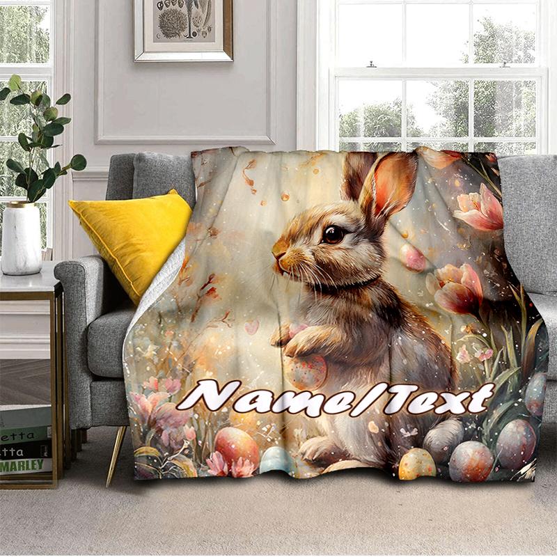 1PC Custom Name Easter Bunny Eggs Outdooor Flannel Blankets Throw Blanket All-Season Throw Gift Bedspread for Couch, Bed, Camping Holiday Birthday Gif
