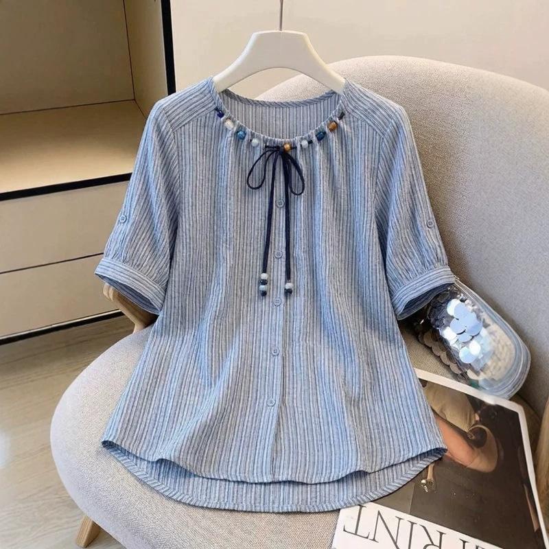 Striped front shoulder short-sleeved shirt women's summer new large size slightly fat mm beaded doll shirt top A