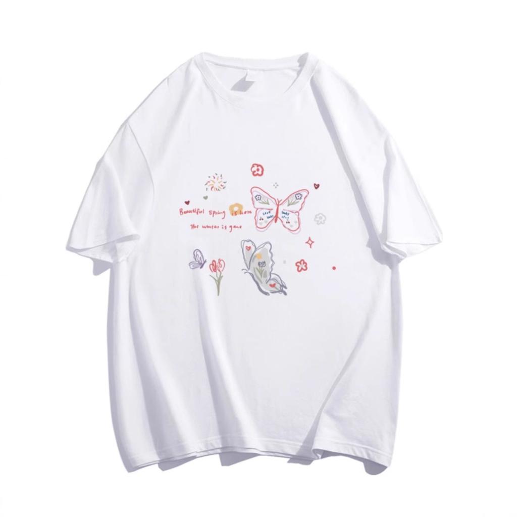 Flower gray American ins trendy brand butterfly short-sleeved T-shirt women's summer new pure cotton design sense niche fat MM top