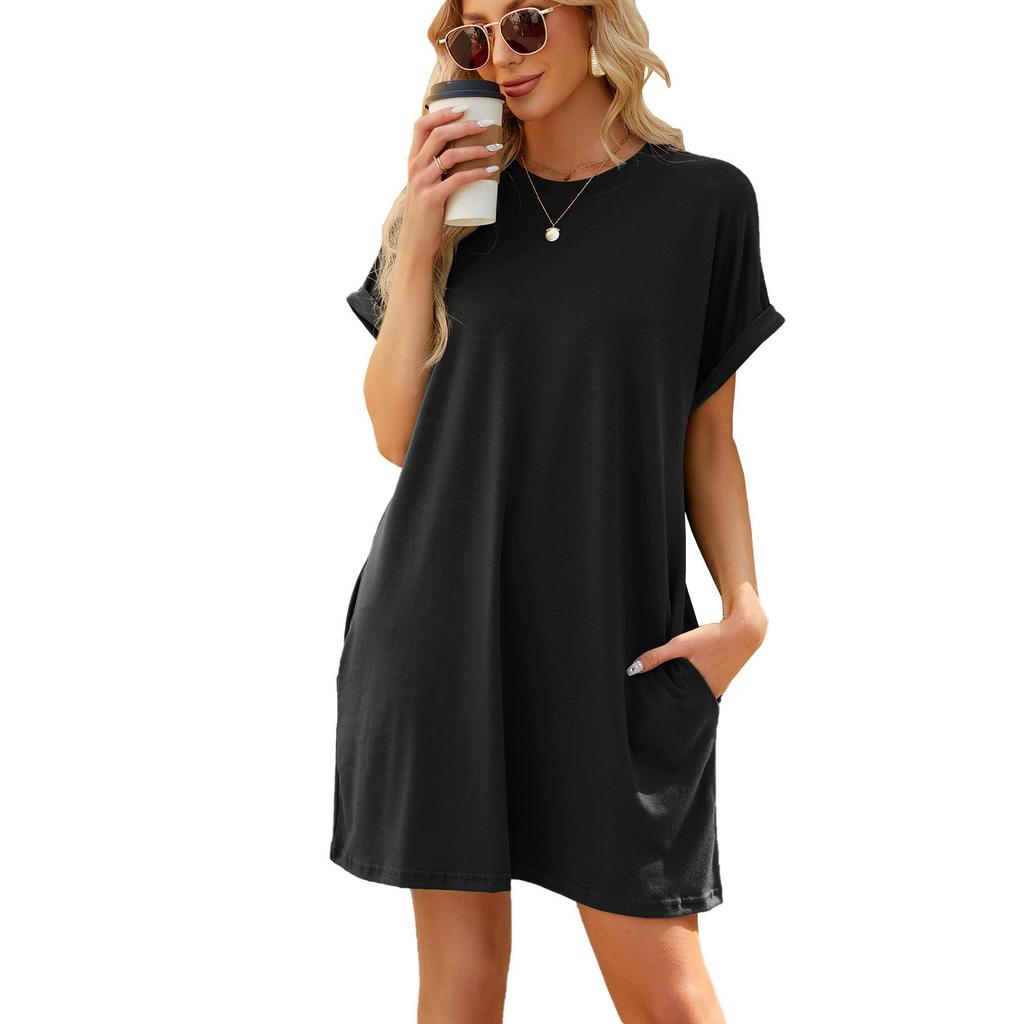 2026 Spring/Summer Solid Color Round Neck Pocket Loose Short-Sleeved Dress