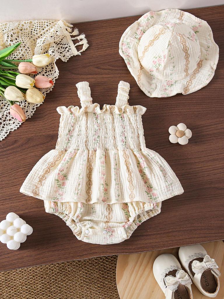 Floral Strappy Sleeveless Baby Romper & Hat