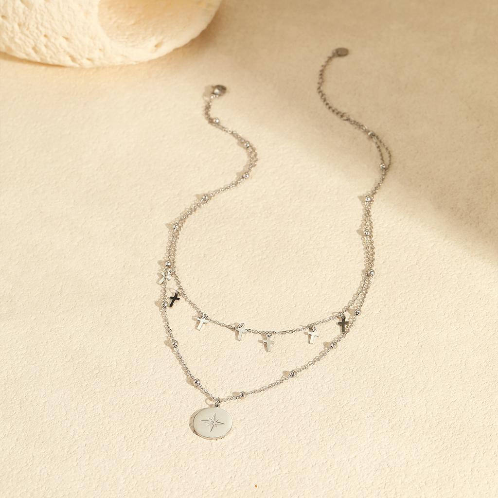 European and American Fashion Retro Double Layer Twin Titanium Steel Necklace Cross Awn Star Round Brand Stainless Steel Necklace