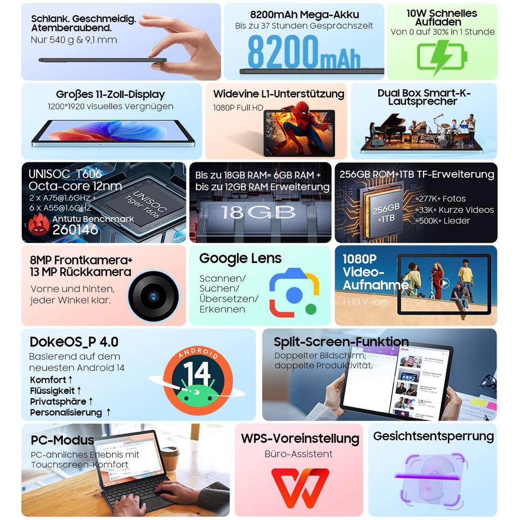 Blackview Tablette Tab 9 WiFi Android 15 – Grand écran 2K FHD+ 11 pouces, 18 Go 256 Go