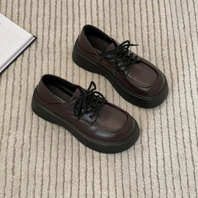 Black Big Head and Small Leather Shoes Women's Autumn New British Muffin Platform Shoes