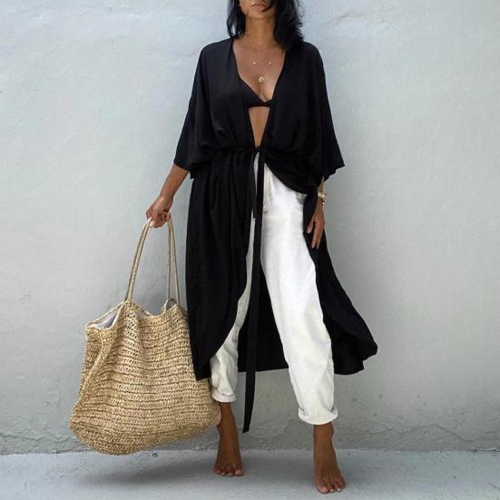 Beach Cover Up Cardigan V-neck Half Sleeve Quick-Drying Breathable Loose Fit Swimwear Coat with Tie Design