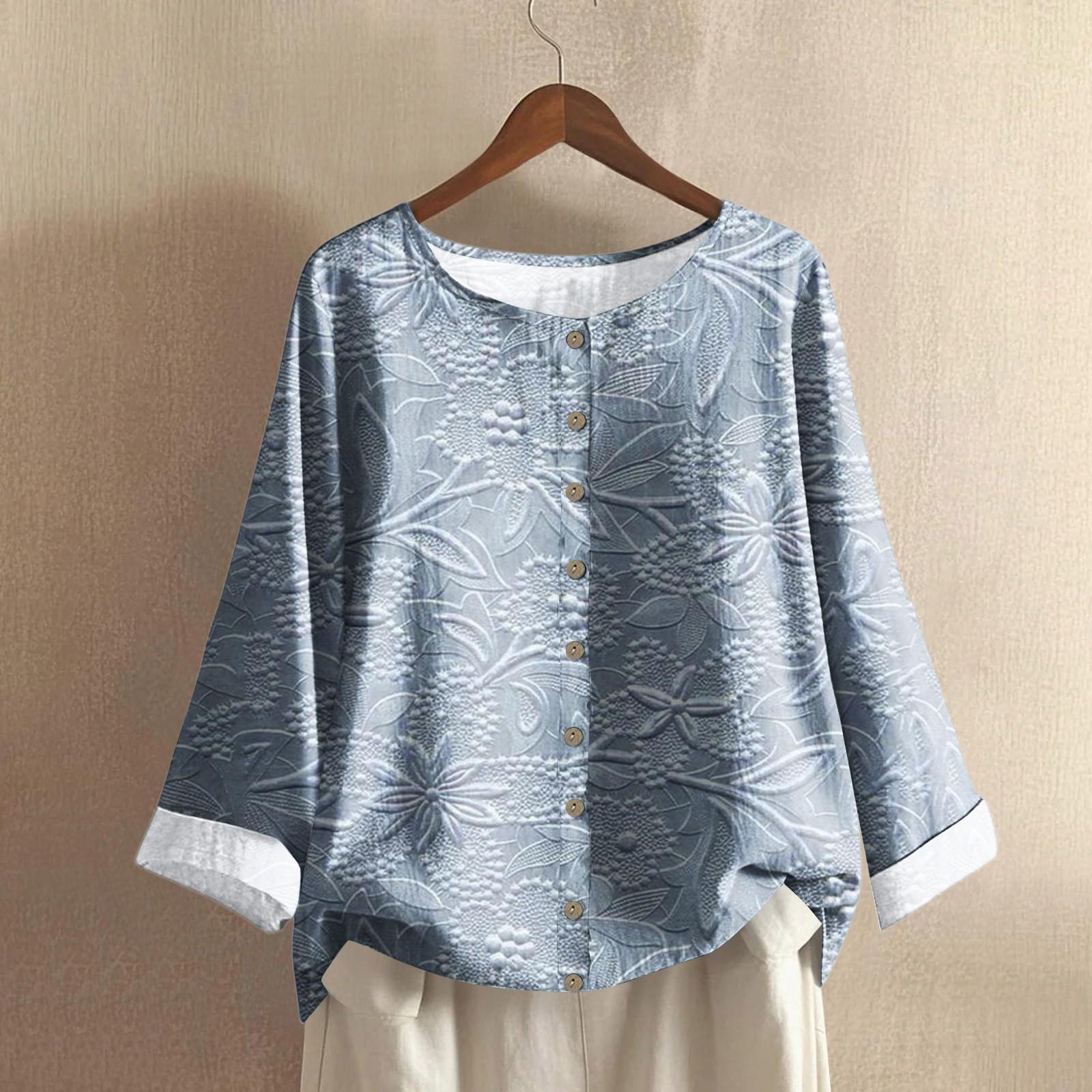 

Женская модная и повседневная рубашка с длинным рукавом, круглым вырезом и принтом, блузка-топ из хлопка и льна M