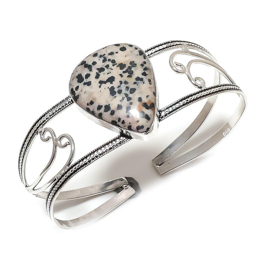 

Natural Dalmation Jasper Gemstone 925 Sterling Silver Cuff Bangle Adj Z1h07