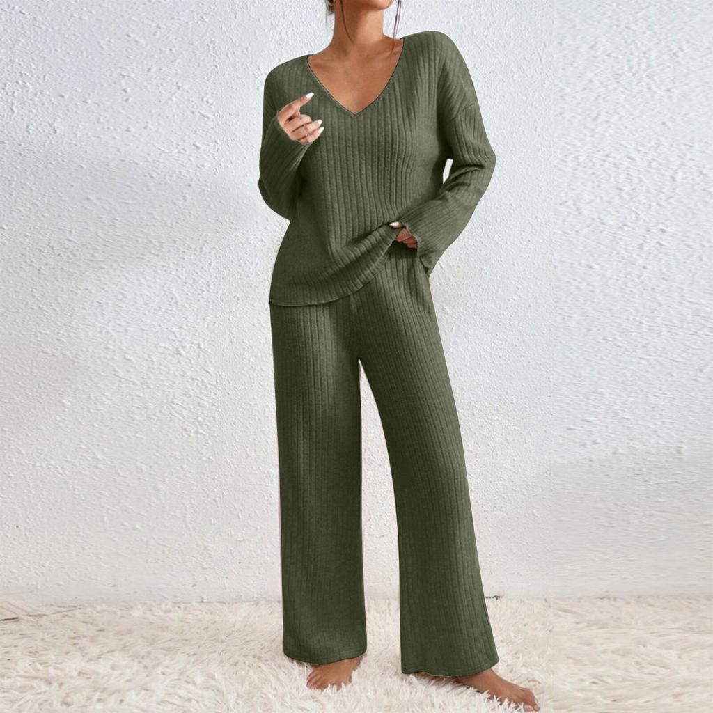 Women's V Neck Long Sleeve Knit Set Wide Leg Pants Two Piece Outfit Multi Colors