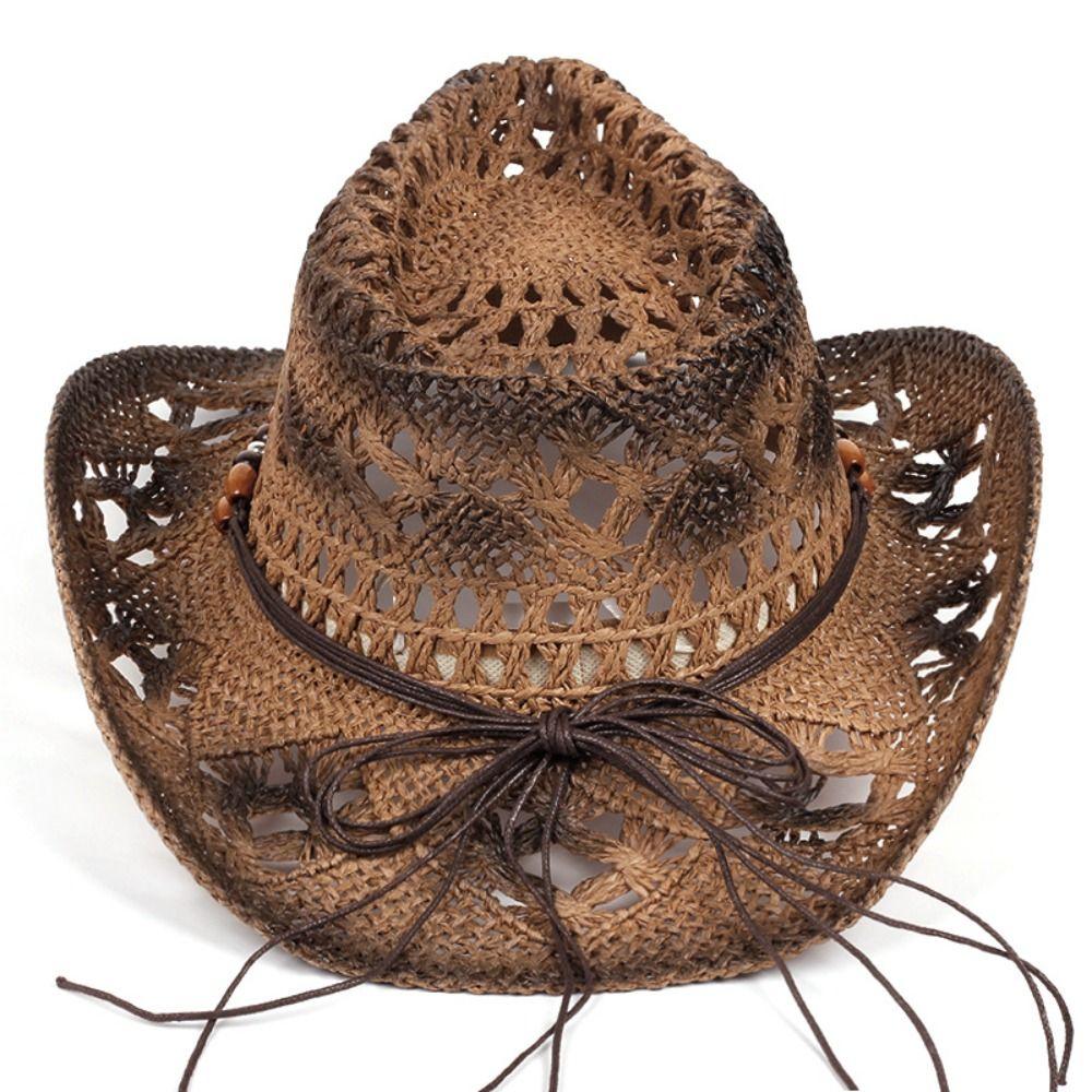 Beads Sunscreen Straw Hat Wide Brim Cowgirl Visor Cap Classic Summer Hat  Ladies