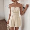 Women Solid Color Strapless Smocked Waist High Waist Wide Leg Short Vacation Romper