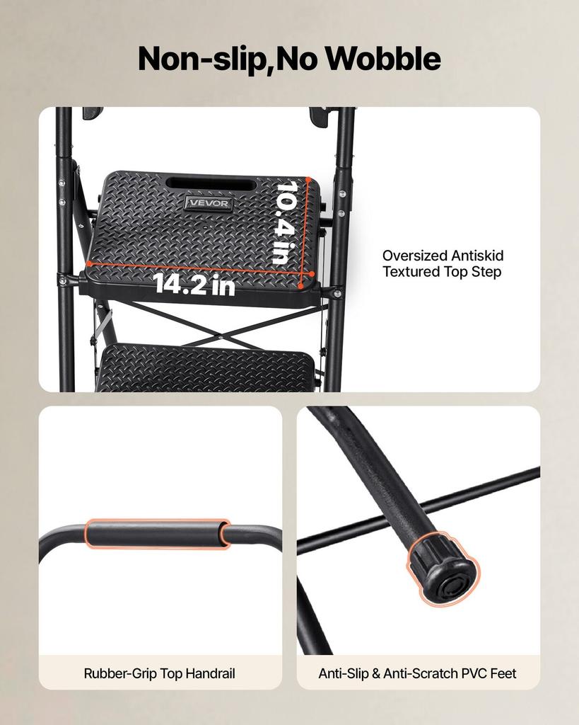 Échelle à 4 marches, Marchepied pliant avec large pédale antidérapante, Plateau à outils, Poignée de confort, Capacité de 272 kg, Échelle portable en acier, Multi-usage pour
