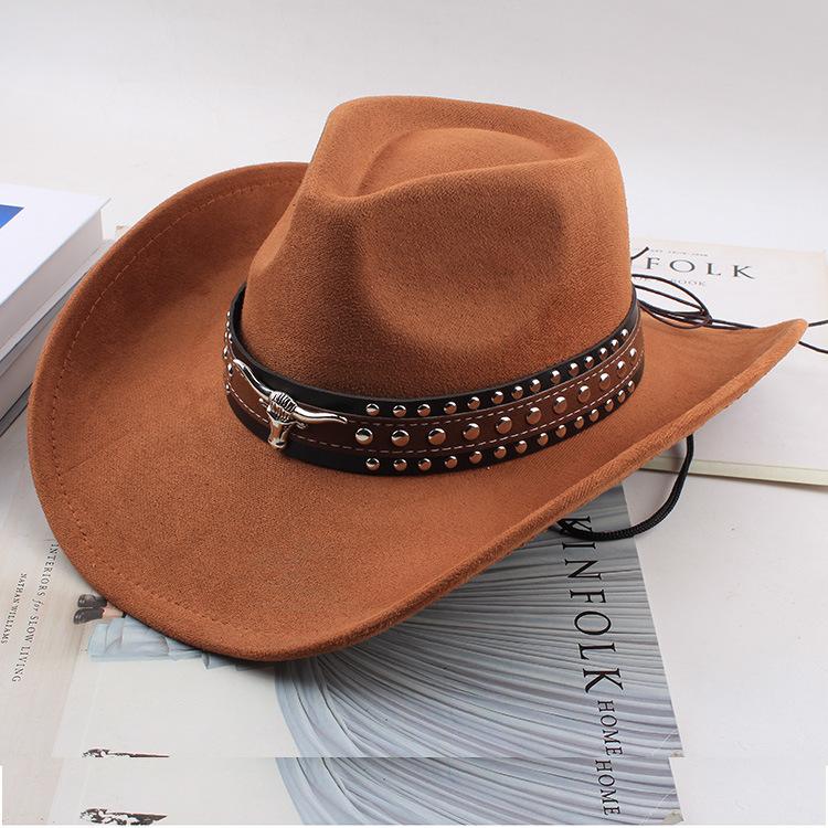 Western Cowboy Style Tibetan Bull Head Accessories Fashion Top Hat Autumn/Winter New Collection Deer Skin Velvet Large Edge Riding Hat