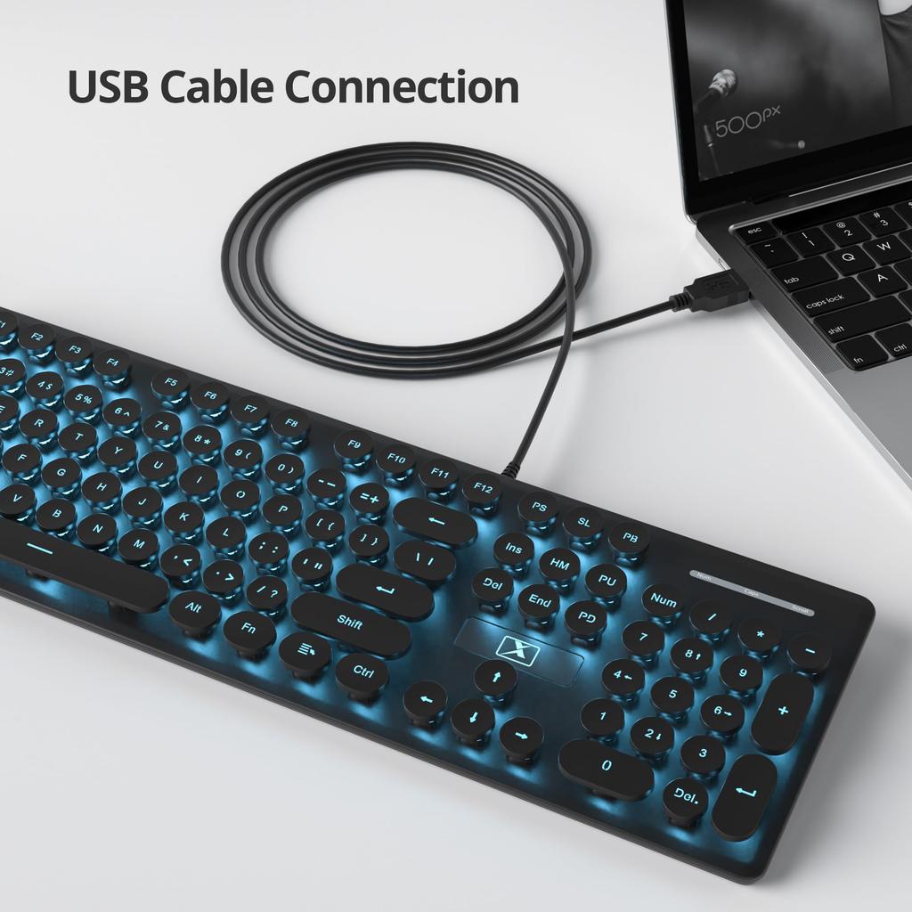 Wired Quiet Membrane Retro Punk Typewriter Green LED USB Gaming Keyboard with ABS Round Keycaps for Keyboard, Full-Size 104-Key Backlit, Ultra-Slim