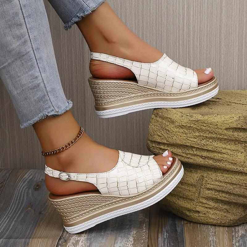 Fashion Buckle Strap Wedge Heel Sandals for Women Summer 2025 Plaid Pattern Platform Sandals Woman Thick Bottom Anti Slip Beach Shoes