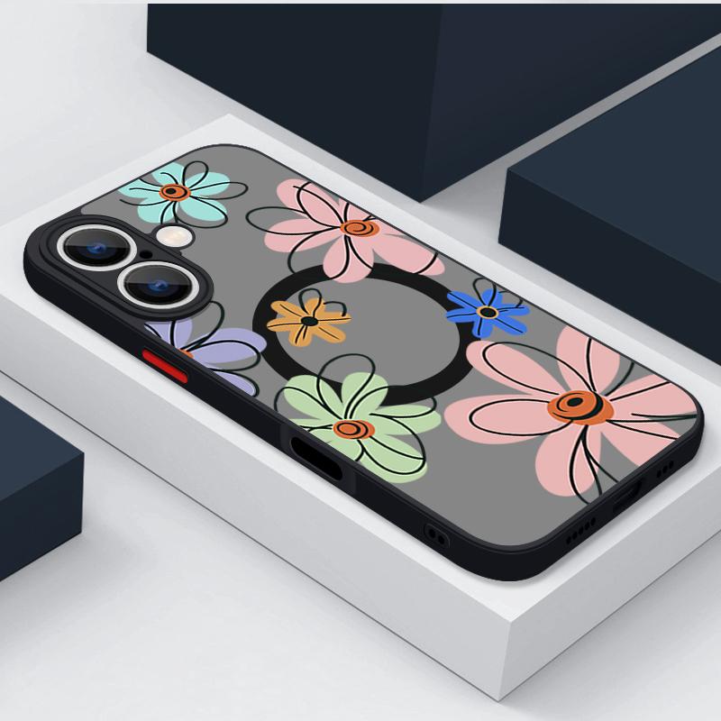 Magnetic Floral Phone Case For iPhone 16 15 14 Pro Max 13 12 Pro 11 For Magsafe Wireless Charge Flowers Soft Edge Acrylic Cover