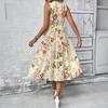 Women Sleeveless Crew Neck Ruched High Waist Floral Print Midi Dress Elegant Casual Loose Fit Sundress for Daily Wear