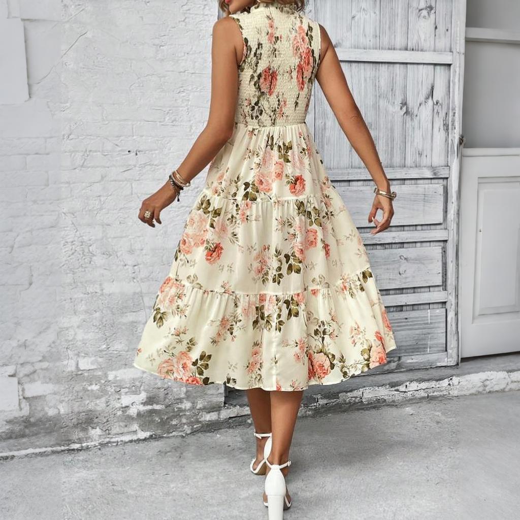 Women Sleeveless Crew Neck Ruched High Waist Floral Print Midi Dress Elegant Casual Loose Fit Sundress for Daily Wear