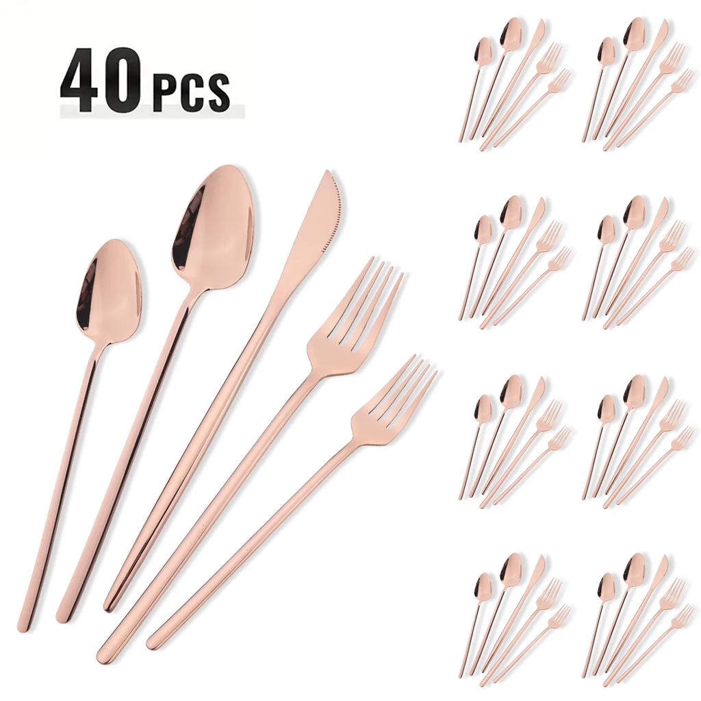 40pcs Rose Gold Dinnerware Set Mirror Fork Knife Spoon Tableware Western Stainless Steel Cutlery Set Dessert Fork Spoon Flatware