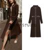Autumn Women Clothes Contrast Color Patchwork Trim Lapel Long Sleeve With Belt Pleat Midi Dress 4387225