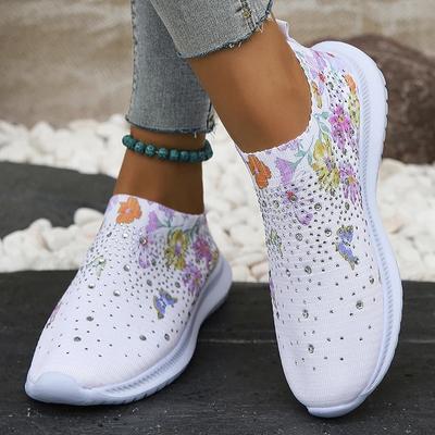 Sneakers Zeppa Stampa Floreale Moda Donna Decorazione Strass Leggere Scarpe da Passeggio Donna Tessuto Traspirante Bianche Scarpe Sportive