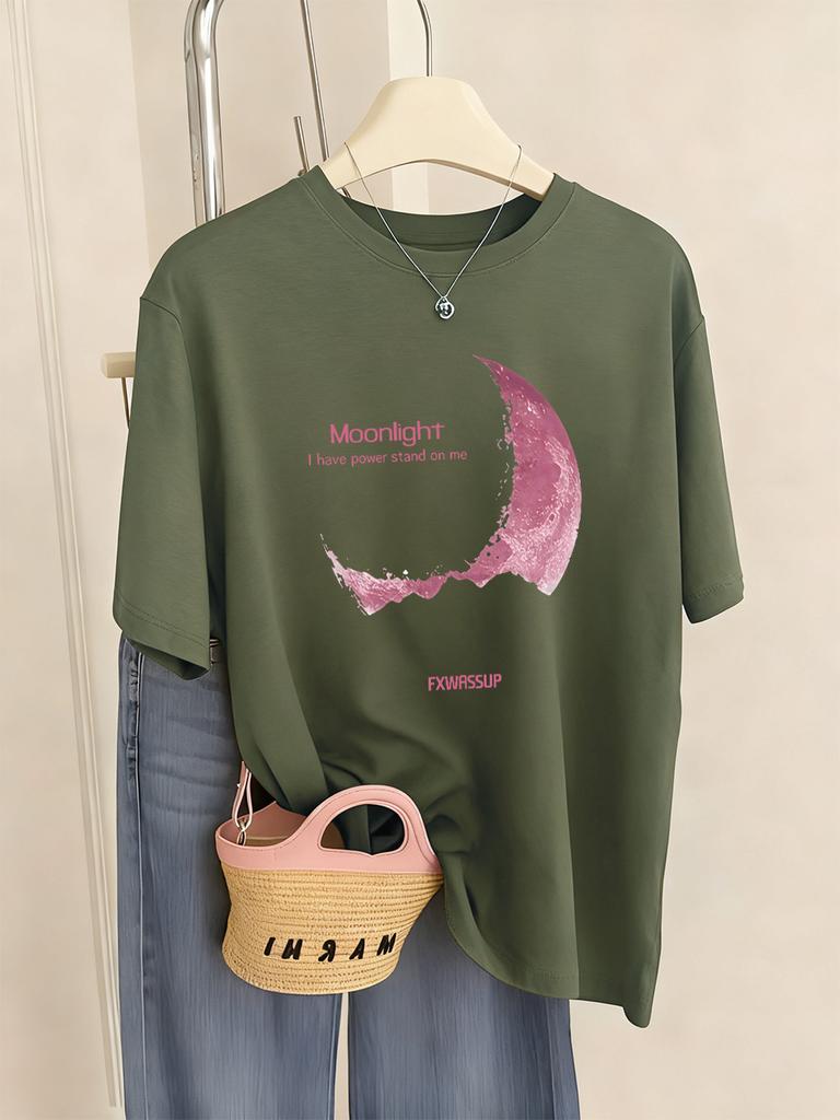Beautiful Moonlight Prints T-Shirts Women Summer Comfortable Short Sleeve Tops Soft Loose T Shirt Basics O-Neck Womans Clothes