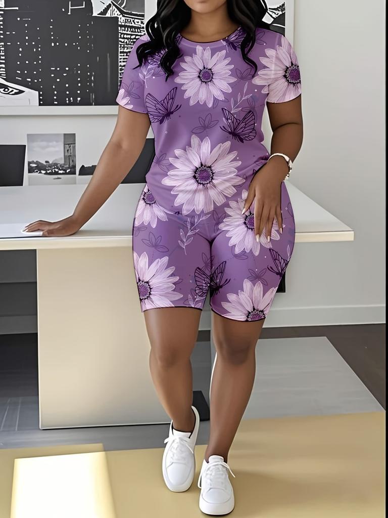 Butterfly Ladies Casual Suit Short Sleeve Shorts 1D Digital Flower Printing Fashion T-Shirt Two-piece Set