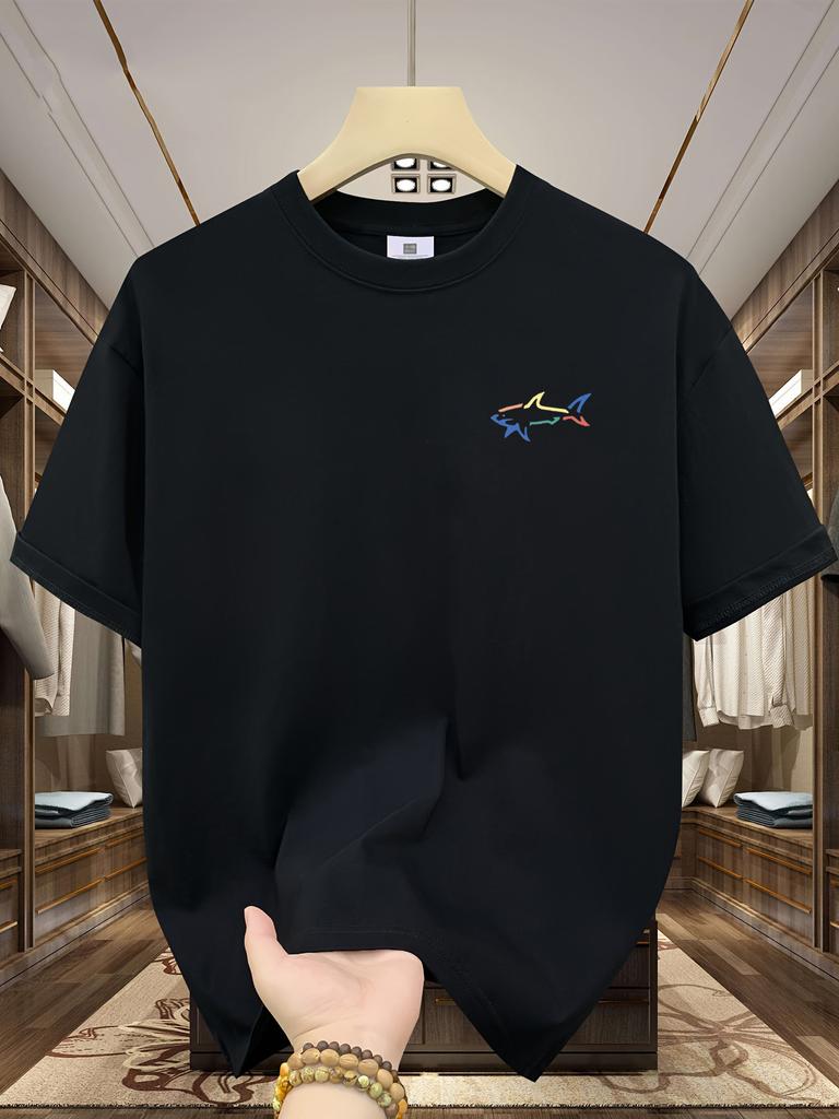 Men's summer 100 cotton fashionable casual loose plus size shark pattern printed sports round neck short sleeved T-shirt top