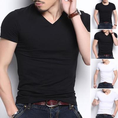 Letnia koszulka męska z okrągłym dekoltem, dekoltem w serek, krótkim rękawem, jednolitym kolorem, miękkim, oddychającym, cienkim swetrem, slim fit, prostym stylem, swobodnym męskim topem