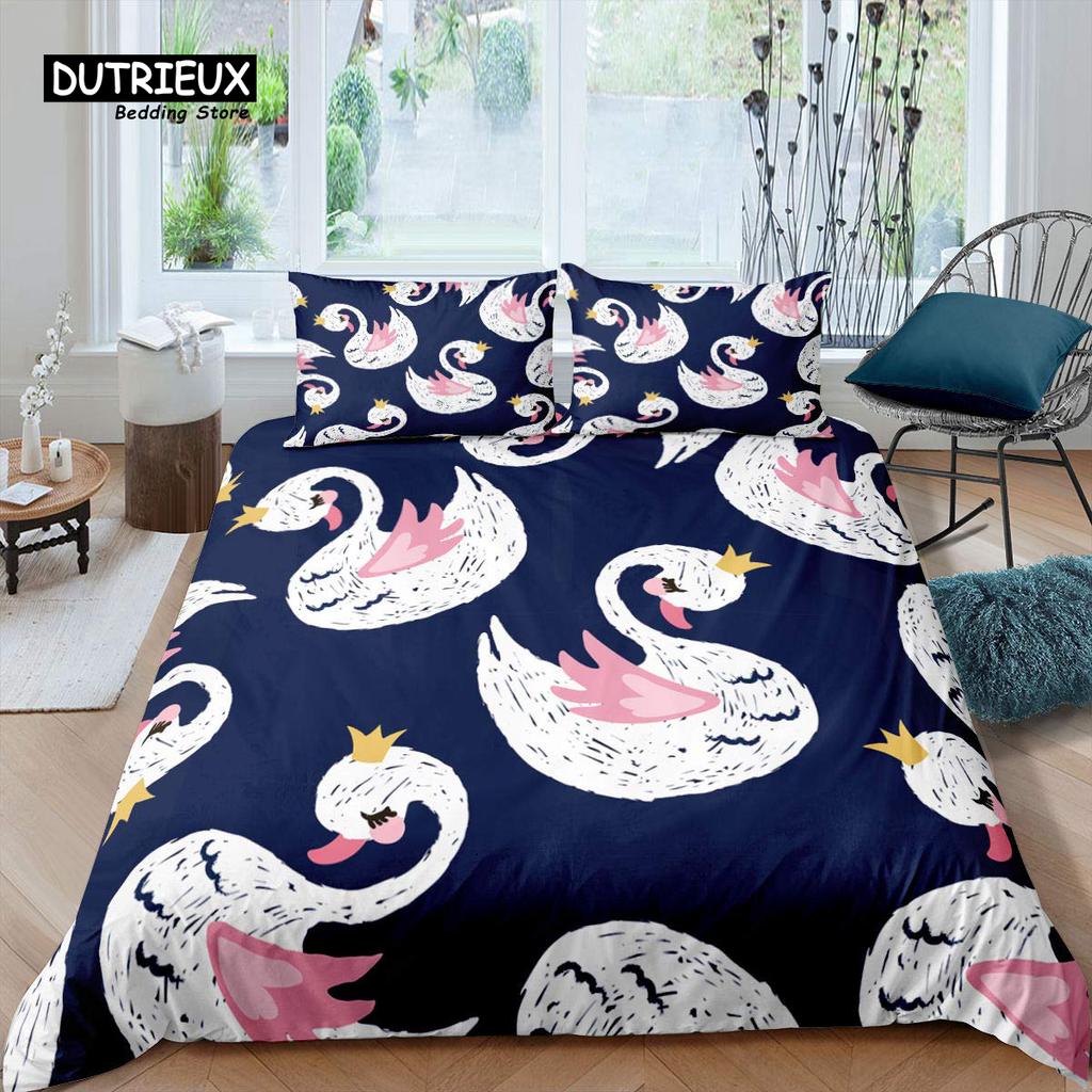 Swan Bedding Set Romantic Flowers Duvet Cover King Birds Wildlife Quilt Cover for Couple Lady Man Wedding Festival Party Decor