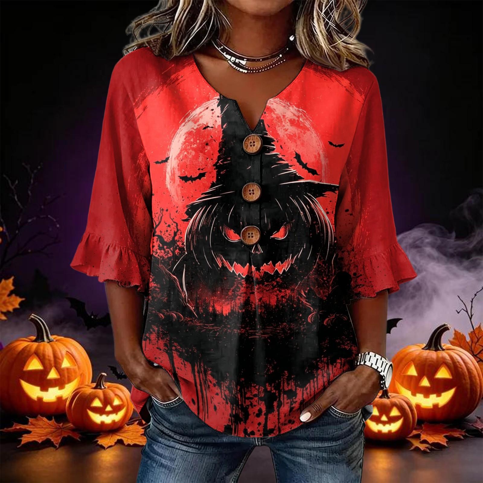 Women s Casual Loose Fit Halloween Print Lace Sleeve Blouse Top L