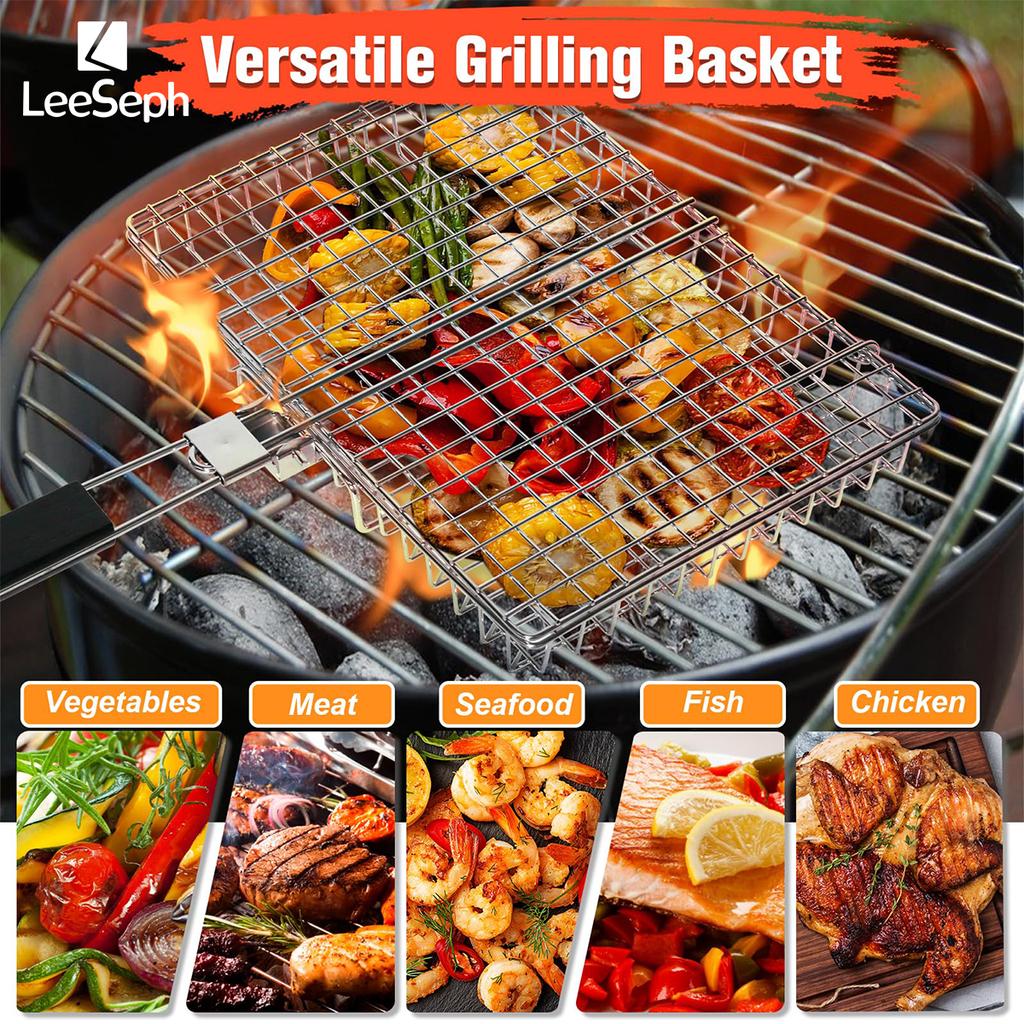 Grill Basket, Folding Carbon Steel Grill Outdoor BBQ Basket with Wood Handle, Outdoor Camping BBQ Rack for Fish, Vegetable