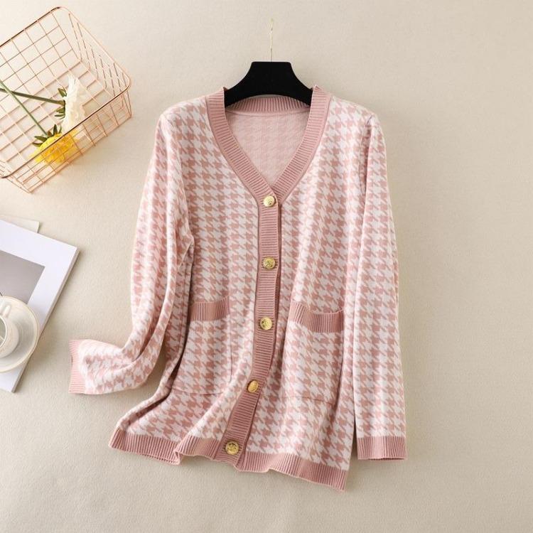 

Houndstooth Women Casual Comfortable Knitted Cardigan V Neck Top Black Gray Pink Single Breasted Full Sleeve One Size OneSize розовый