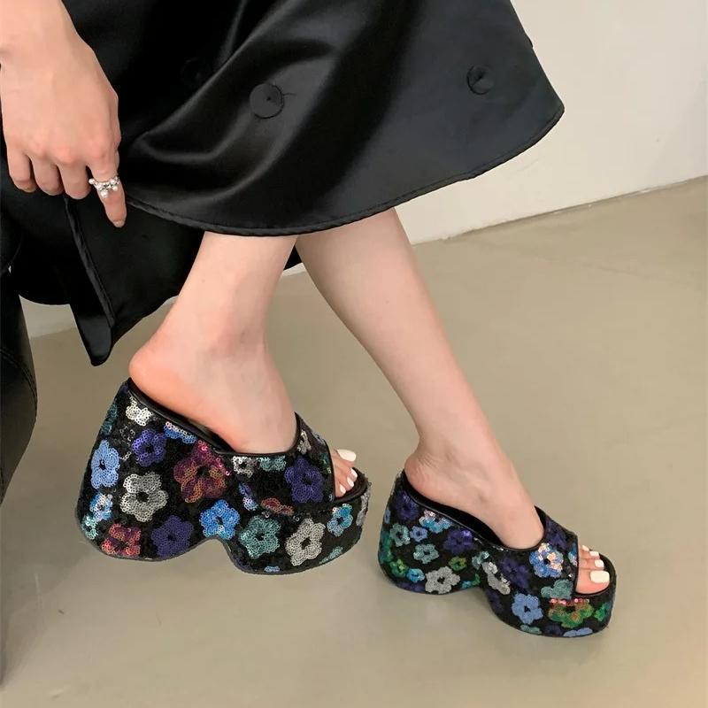Fashion Women Shoes Sexy 13CM Super High Heels Wedges Slippers for Women Sequined Thick Bottom Open Toe Party Dress Shoe Platform Sandal