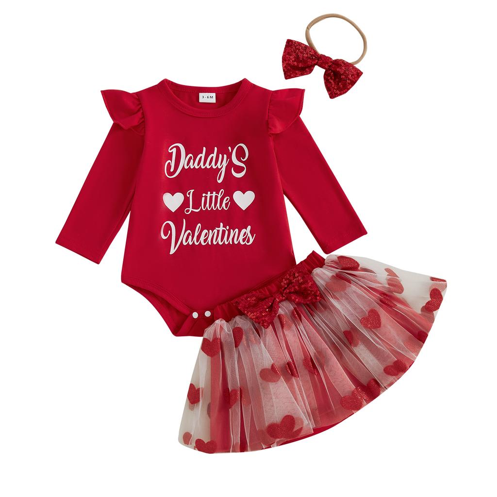 Baby Girls Valentine Outfit Letter Print Long Sleeve Romper and Heart Tulle Skirt Cute Headband 3 Piece Clothes