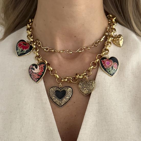 Floral Heart Charms Necklace Double Layer Necklace Vintage
