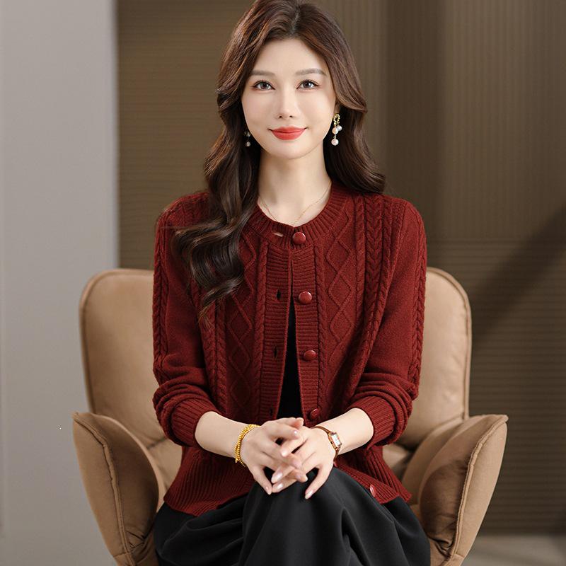 Women's Trendy Round Neck Rhombus Cable Knit Cardigan - Autumn & Winter Long Sleeve Loose Fit Sweater