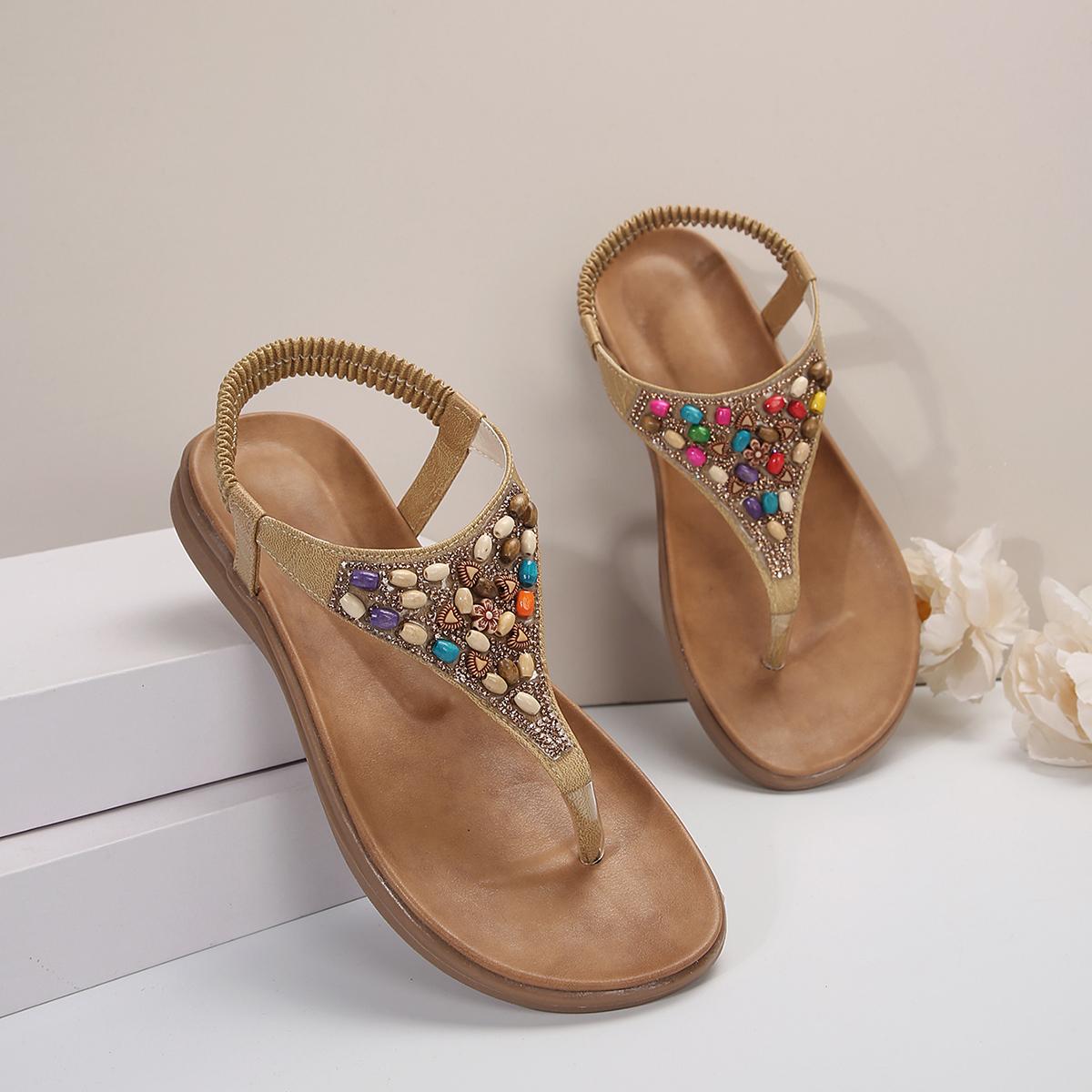 

Aphixta 2024 Elastic Band Summer Flat Heel Sandals Colorful Beads Gladiator Women Sandal Soft Sole Flip Flops Shoes For Women 36 жёлтый