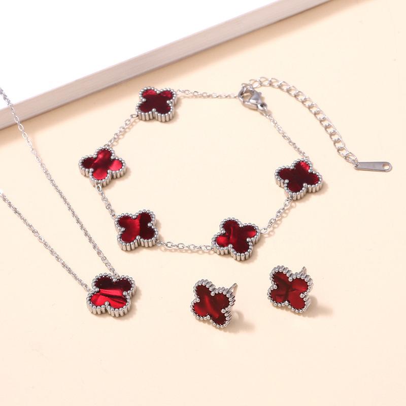 3PCS double-sided clover jewelry necklace bracelet earring set