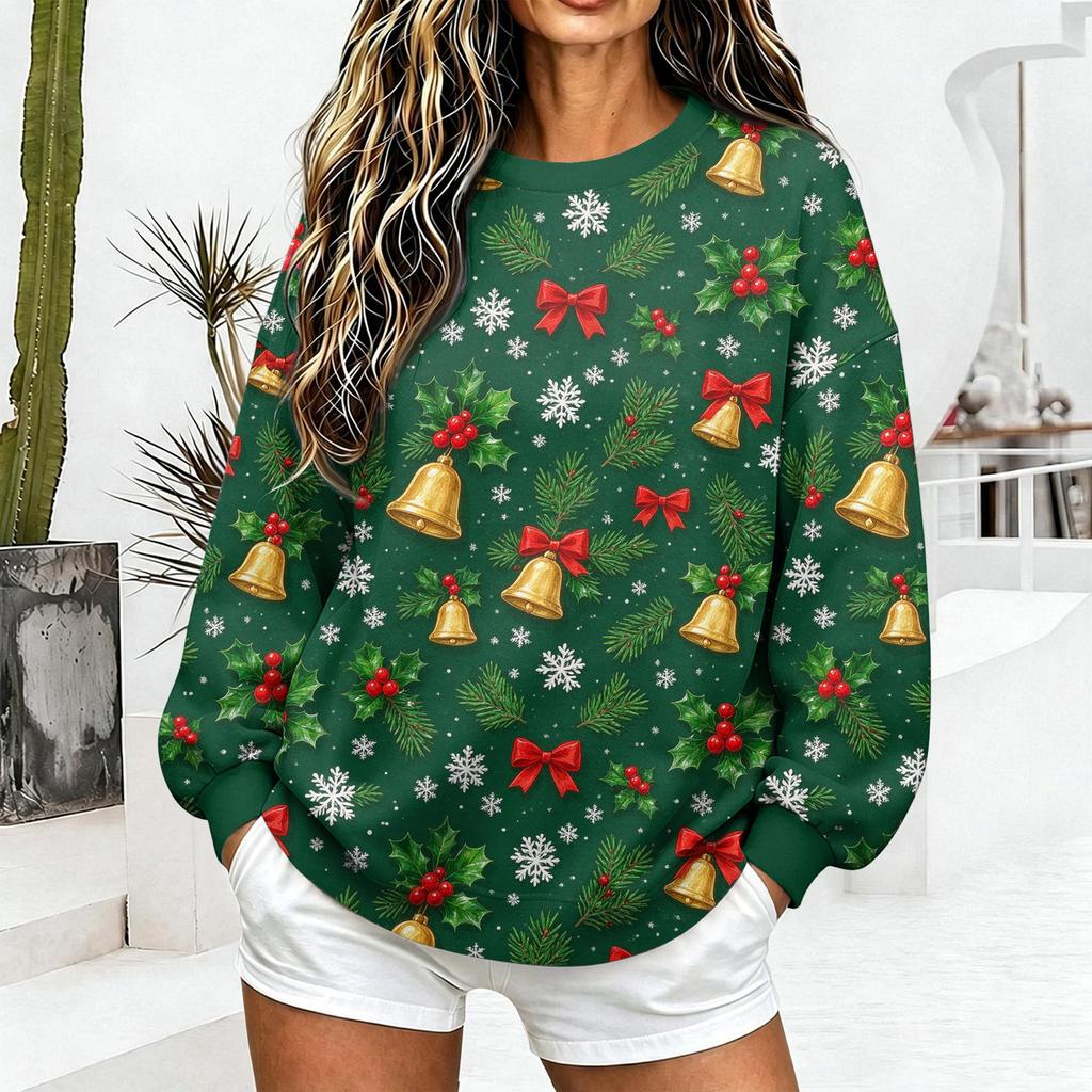 Women's Casual Christmas Print Crewneck Sweatshirt Pullover for Holiday Everyday Wear