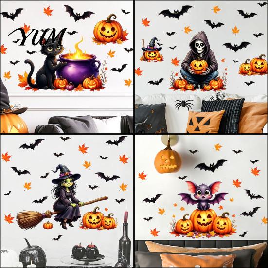 Safe Adhesive Autumn Scenery for Nursery Cute Halloween Wall Decals, Black Cat Witch Bat Pumpkin Stickers, Fall Removable Layered Three Dimensional