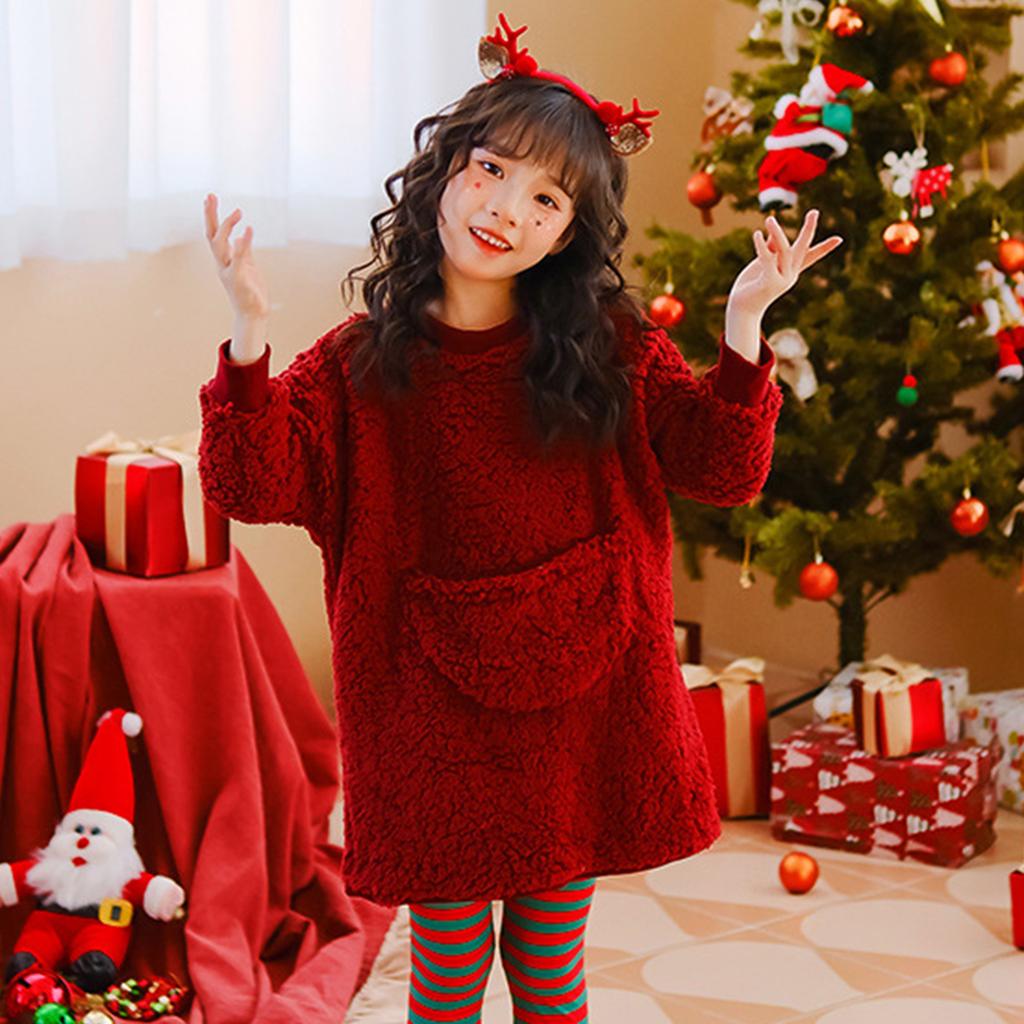 Girls' Fashion Solid-Colour Pullover Casual Red Christmas Outfit Children's Thickened Loose-Fit Long-Sleeved Sweatshirt Dress