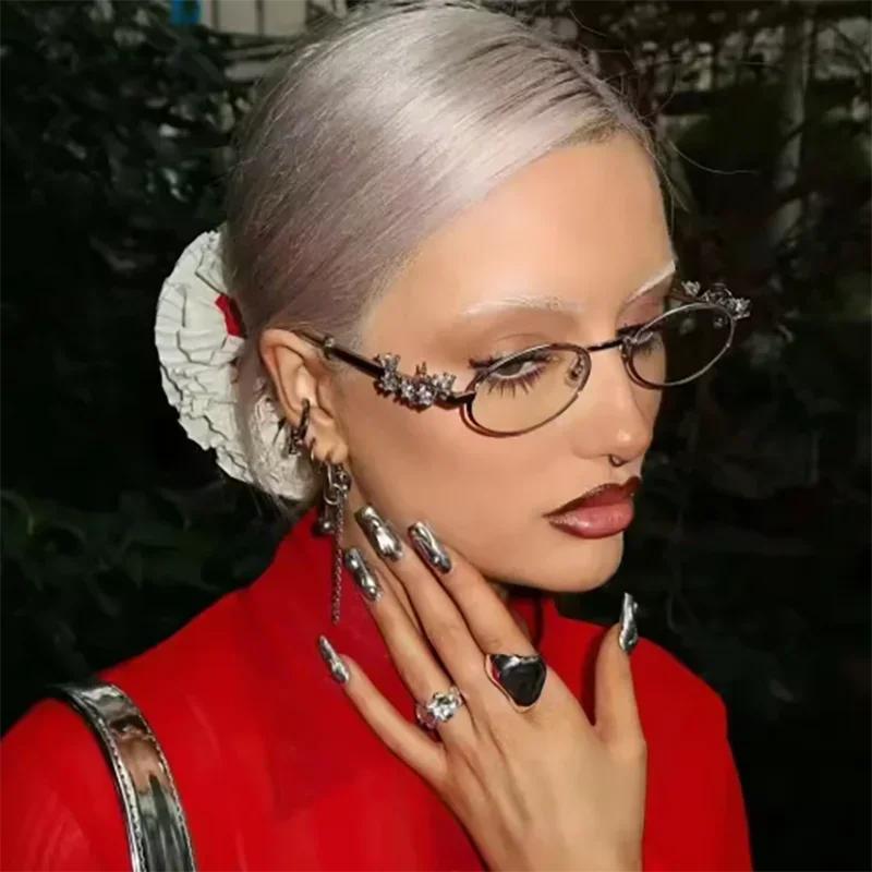 Women's Punk Retro Silver Anti Blue Light Eyewear Rhinestone Stainless Steel Oval Frame Glasses Girl Reading Seaside Spectacles