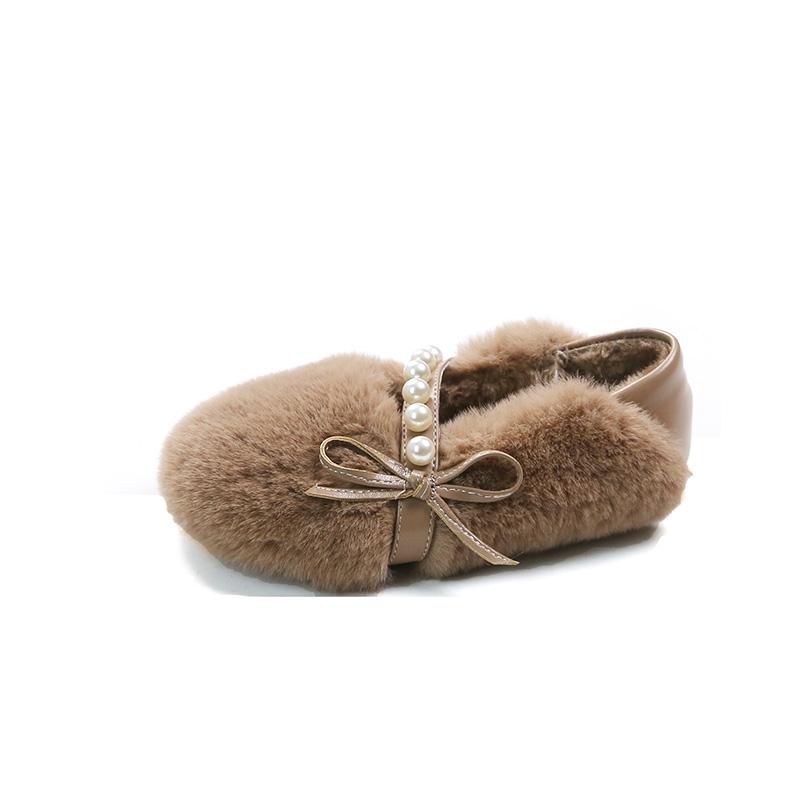 New Kids' Winter Shoes Warm Plush Girls Causal Princess Cotton Shoes Fashion Bowtie Children's Soft Moccasin Flat Shoes Simple