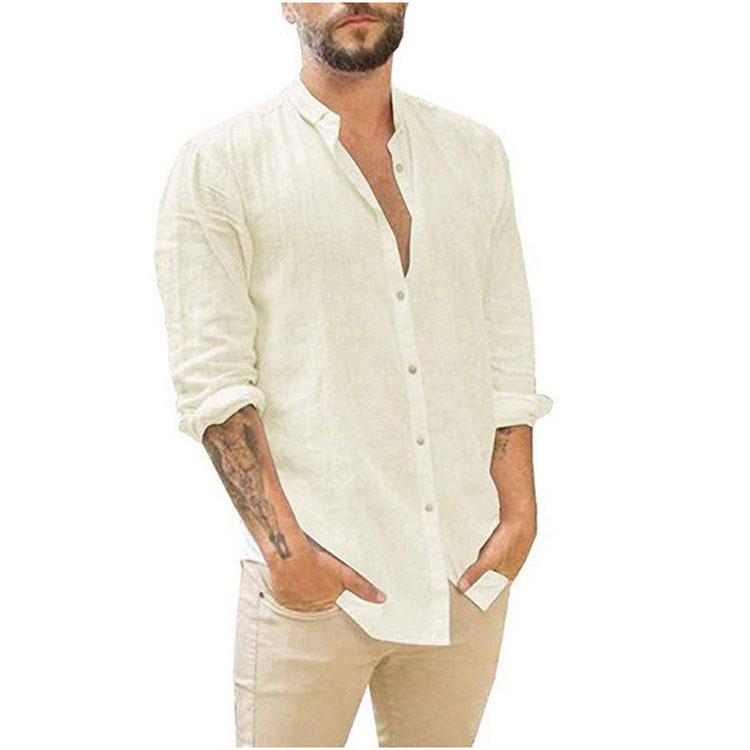 European and American Men's Linen Cardigan Solid Color Casual Stand-up Collar Long-sleeved Shirt