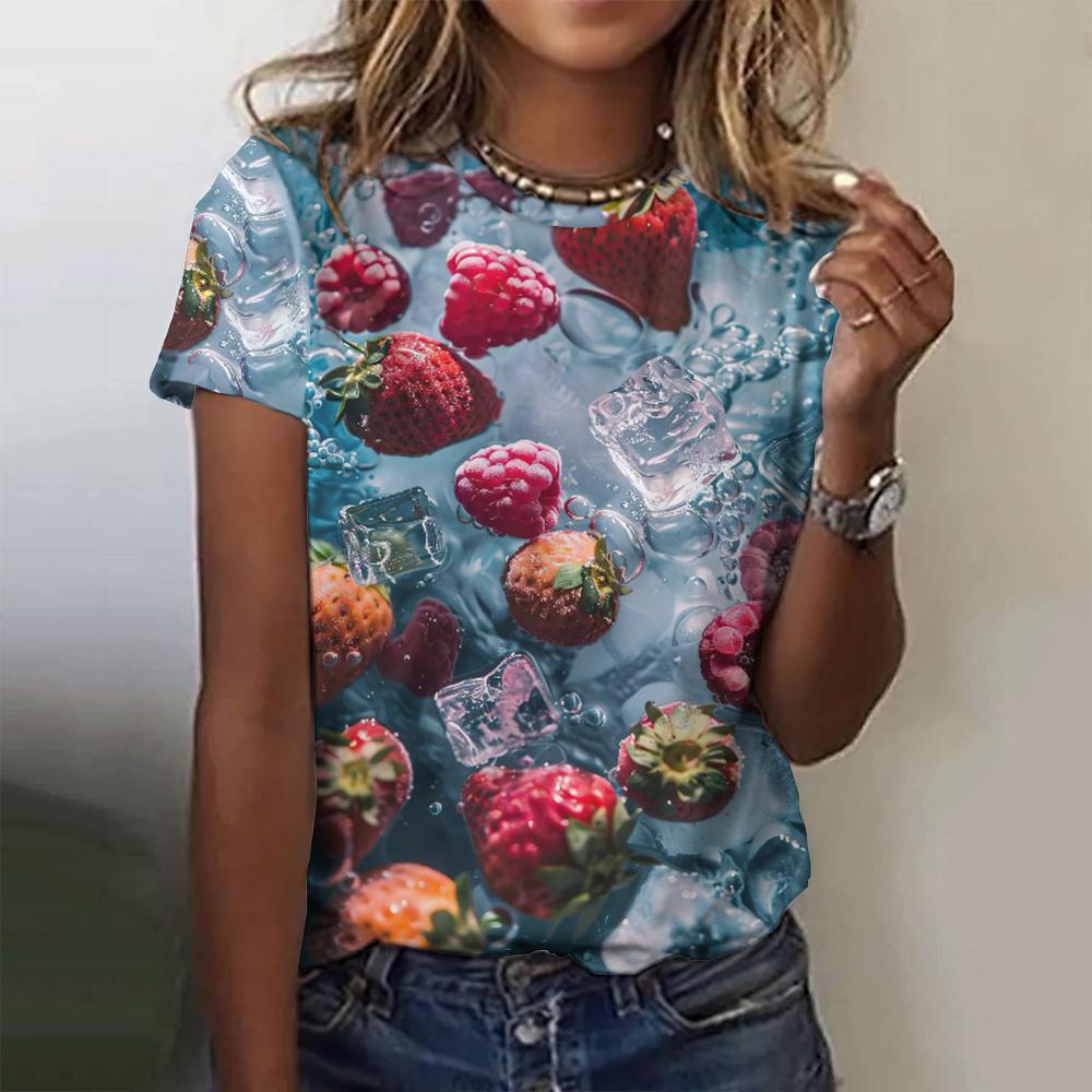 Women's Fruit T-Shirts Summer Strawberry 3D Printed O-Neck Short Sleeve T Shirt Y2k Harajuku Tees Tops Female Pullovers Clothing