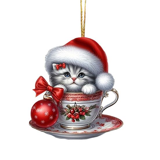 Acrylic Teacup Cat Hanging Ornaments Cute Cartoon Cat Christmas Ornament 2D Flat Car Mirror Charm for Christmas Tree Decoration KTY