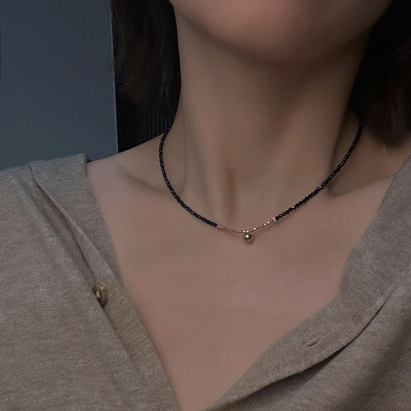 Black Beaded Choker Necklace with Gold Bell Pendant – Minimalist Dainty Jewelry for Women, Elegant Daily Gift Necklace