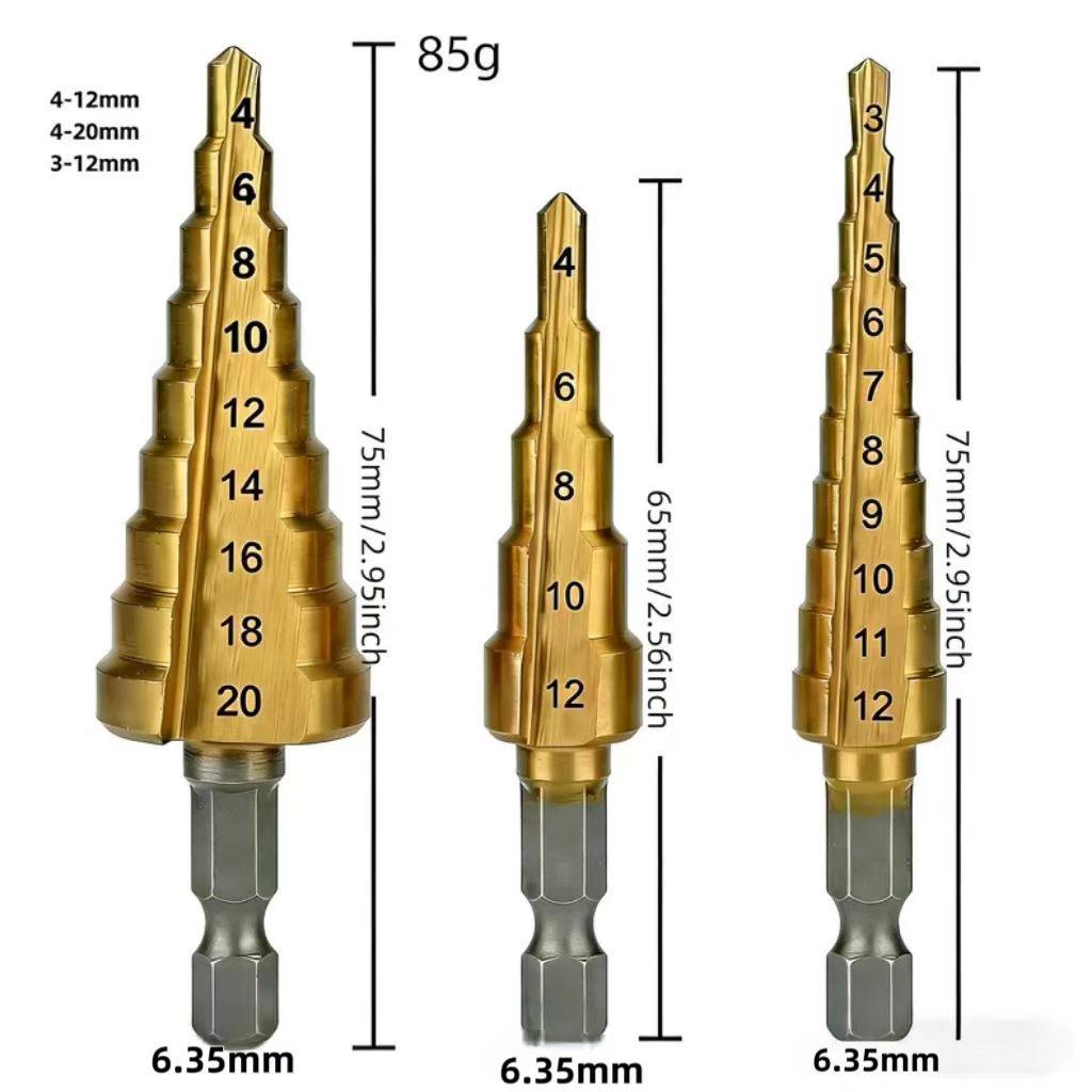 Three-Piece Titanium Step Drill Bit Set for Woodworking