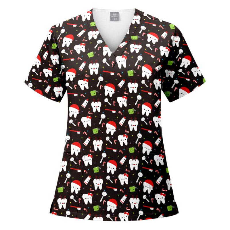 V-Neck Short Sleeve Printed Scrub Suit for Dental Clinics and Hospitals